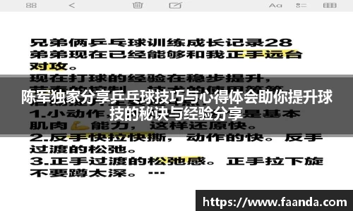 陈军独家分享乒乓球技巧与心得体会助你提升球技的秘诀与经验分享